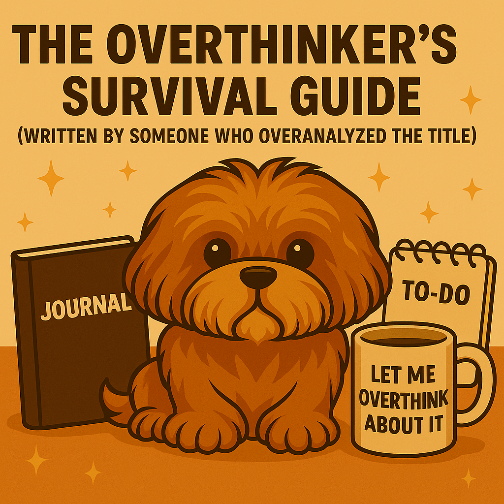 Cute pup surrounded by coffee and a journal