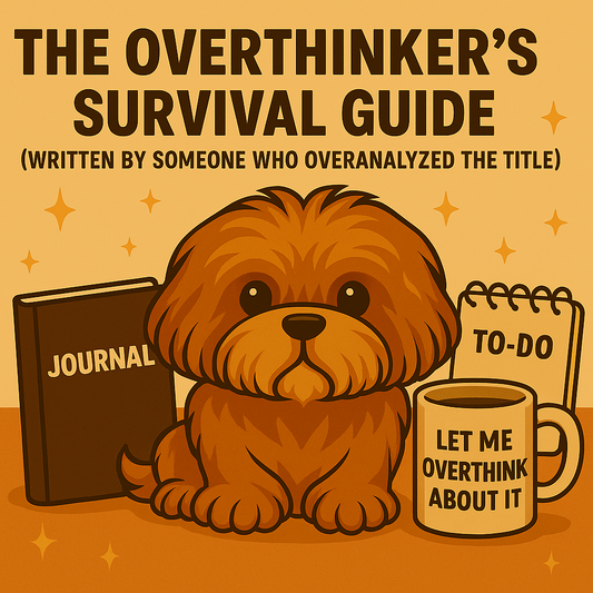 Cute pup surrounded by coffee and a journal