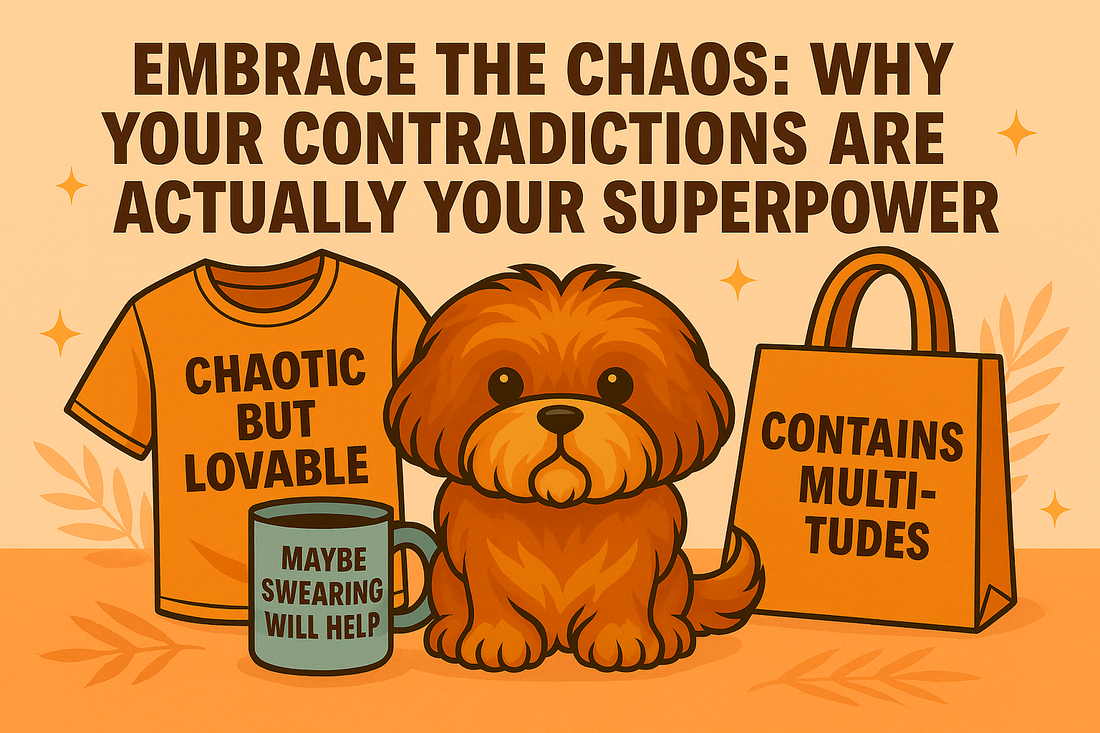 Dual Threads Pup with Merch Encouraging You to Embrace Your Chaos
