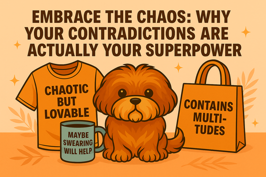Dual Threads Pup with Merch Encouraging You to Embrace Your Chaos