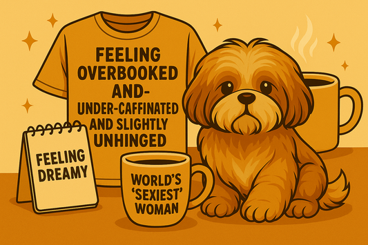 Pup surrounded by graphic tees created by Dual Threads