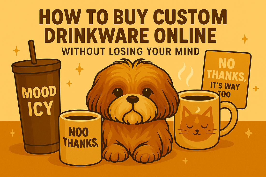 Puppy Dog surrounded by custom drinkware created by Dual Threads