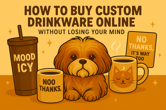 Puppy Dog surrounded by custom drinkware created by Dual Threads