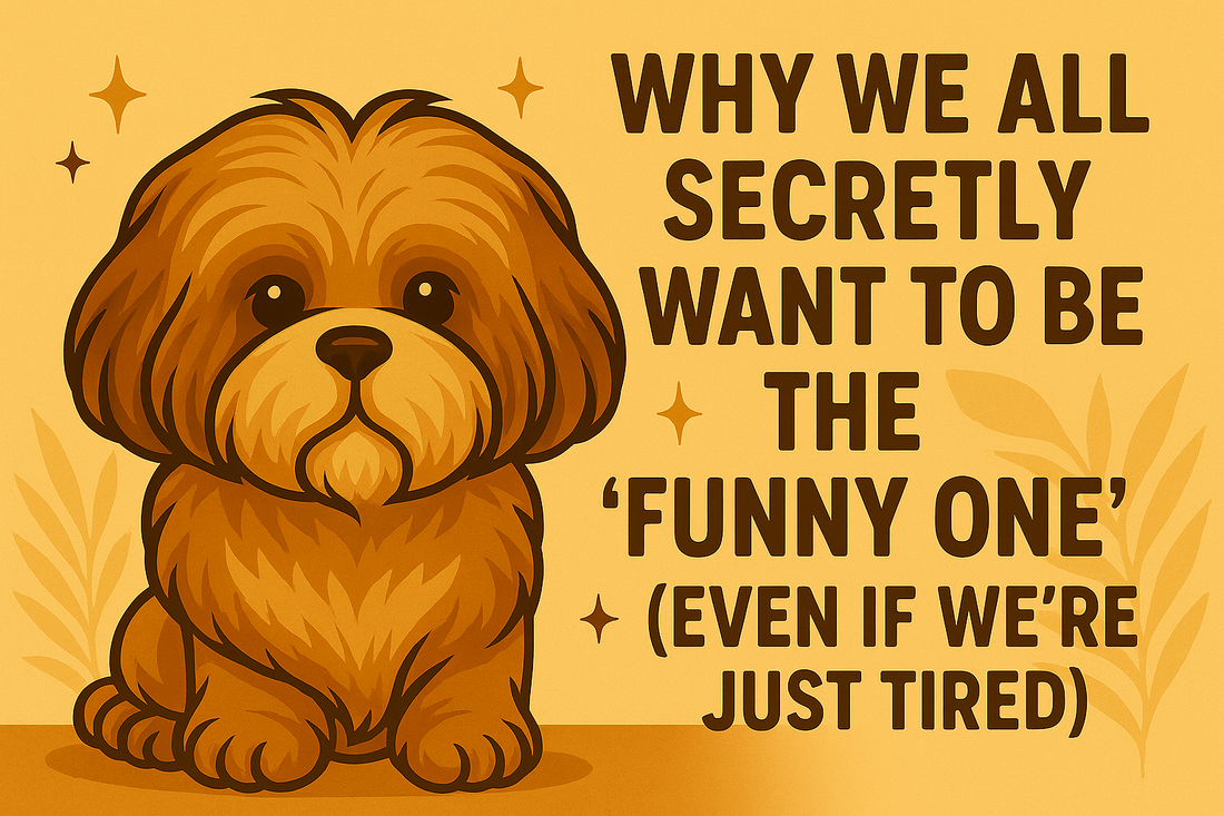 Shih Tzu with text: “Why We All Secretly Want to Be the ‘Funny One’” on warm background.