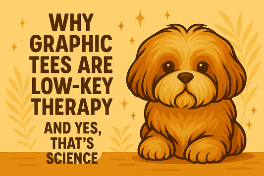 Shih Tzu with text: “Why Graphic Tees Are Low-Key Therapy” on golden background.