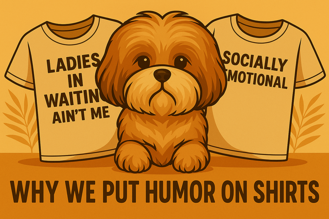 Illustration of a Shih Tzu with two funny graphic tees and the title "Why We Put Humor on Shirts.