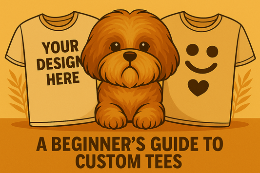 Shih Tzu between two custom tees with the title “A Beginner’s Guide to Custom Tees.”