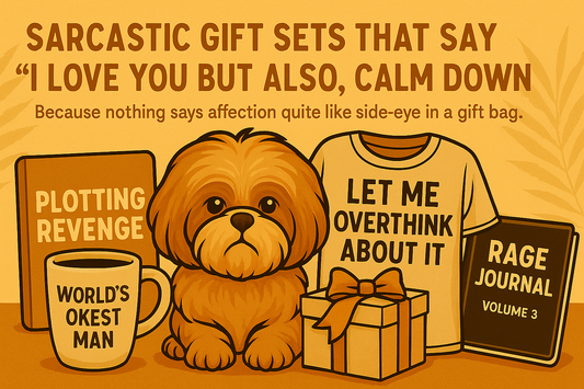A funny journal and mug gift set with sarcastic quotes, styled with stickers and snarky vibes.