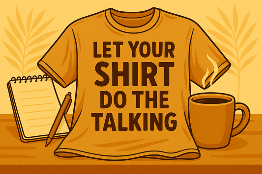 Illustration of a T-shirt, notebook, pen, and coffee mug on a desk.