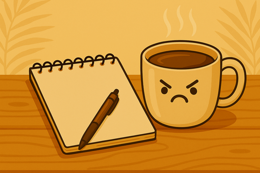 Illustration of a grumpy coffee mug with steam, a notebook, and a pen on a wooden table.