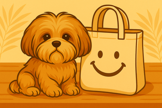 Illustration of a Shih Tzu dog sitting next to a smiley face tote bag on a wooden table.
