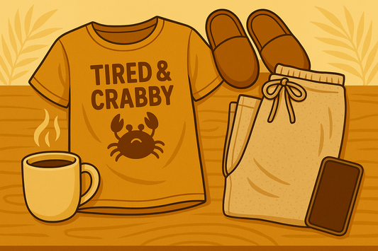 Illustration of a weekend outfit with a graphic tee, lounge pants, slippers, mug, and phone on a wooden surface.