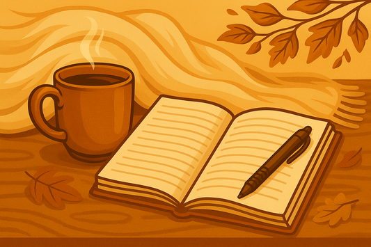 Illustration of an open journal, coffee mug, and fall leaves on a wooden table.