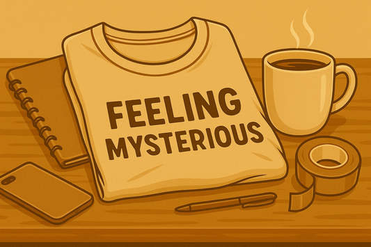 Illustration of a folded graphic tee, mug, notebook, tape roll, and pen on a wooden surface.