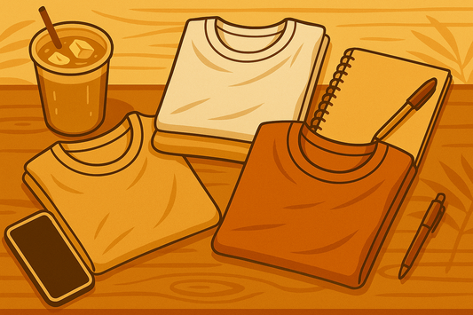 Illustration of three folded T-shirts, iced coffee, notebook, pen, and smartphone on a wooden table.