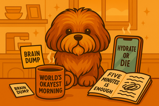 Dual Threads pup with coffee mug, brain dump notes, phone saying Hydrate or Die, and notebook reading Five Minutes Is Enough.