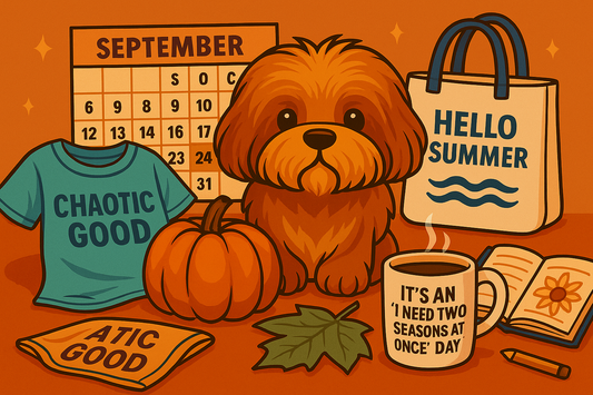 Cartoon pup with pumpkin, coffee mug, September calendar, tote bag, and fall leaves showing summer-to-fall transition.