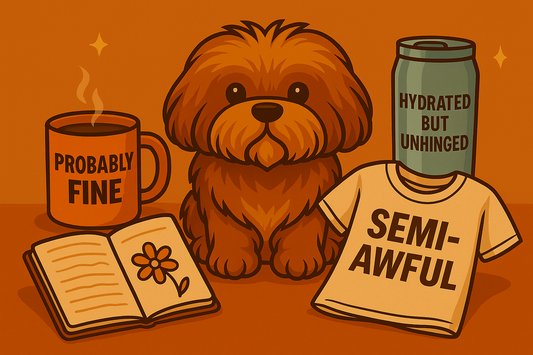 Fluffy brown dog surrounded by a coffee mug, journal, tumbler, and graphic tee symbolizing tiny micro joys.