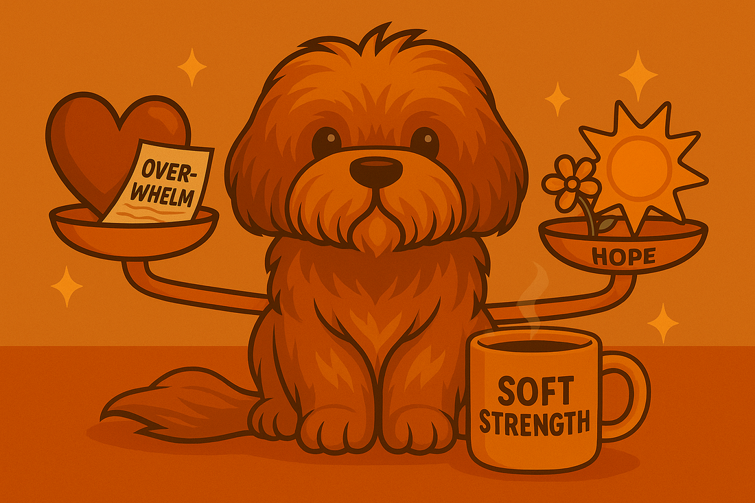 Fluffy brown dog sitting between balanced scales labeled overwhelm and hope, with a mug reading soft strength.