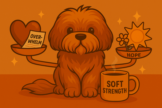 Fluffy brown dog sitting between balanced scales labeled overwhelm and hope, with a mug reading soft strength.