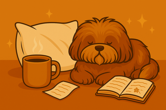 Fluffy brown dog resting beside a pillow, steaming mug, and open book, symbolizing a peaceful do nothing weekend.
