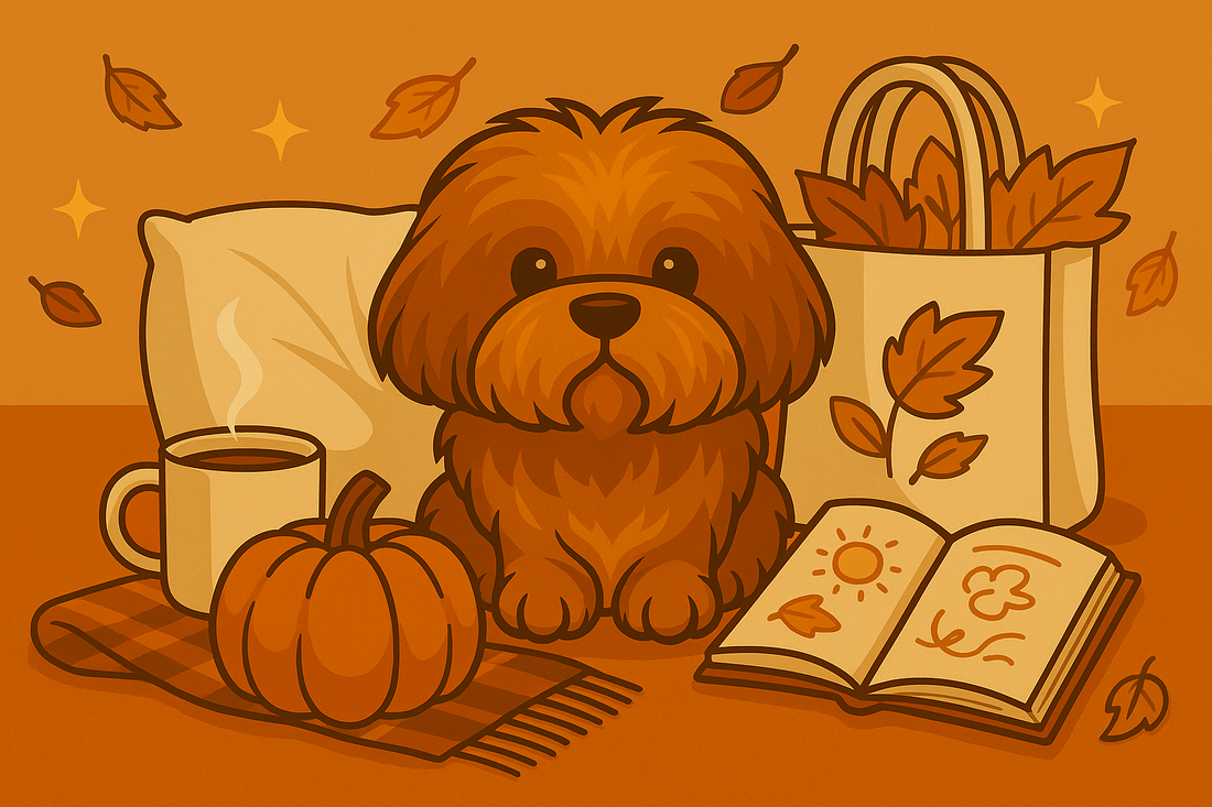 Fluffy brown dog surrounded by a pumpkin, steaming mug, open journal, and tote bag filled with autumn leaves, symbolizing a cozy fall vibe.