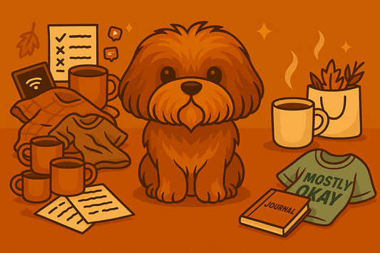 Fluffy brown dog centered between a chaotic pile of mugs, clothes, and lists on one side and a calm scene with a journal, folded tee, and coffee on the other.