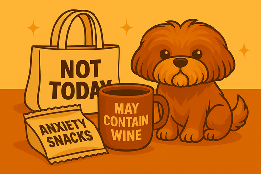 Dual Threads' Pup Surrounded by Products to Balance Your Chaos