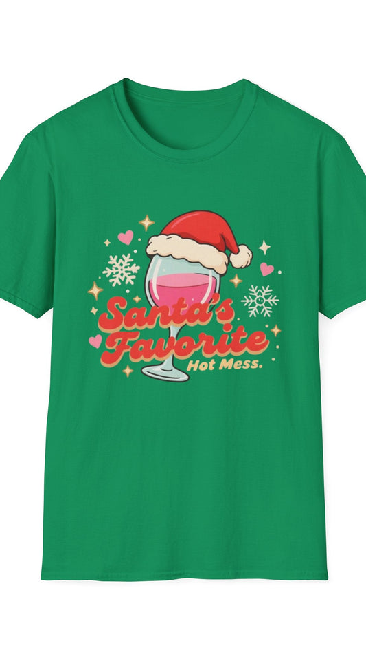 Green t-shirt with a festive design featuring a glass of pink drink and Santa's hat on a white background.