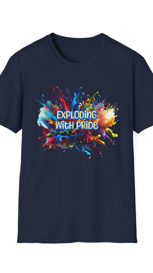 Navy blue t-shirt with colorful graphic and 'Exploding with Pride' text on a white background