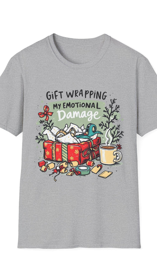 Gray t-shirt with a chaotically wrapped package and the phrase "Gift Wrapping My Emotional Damage"