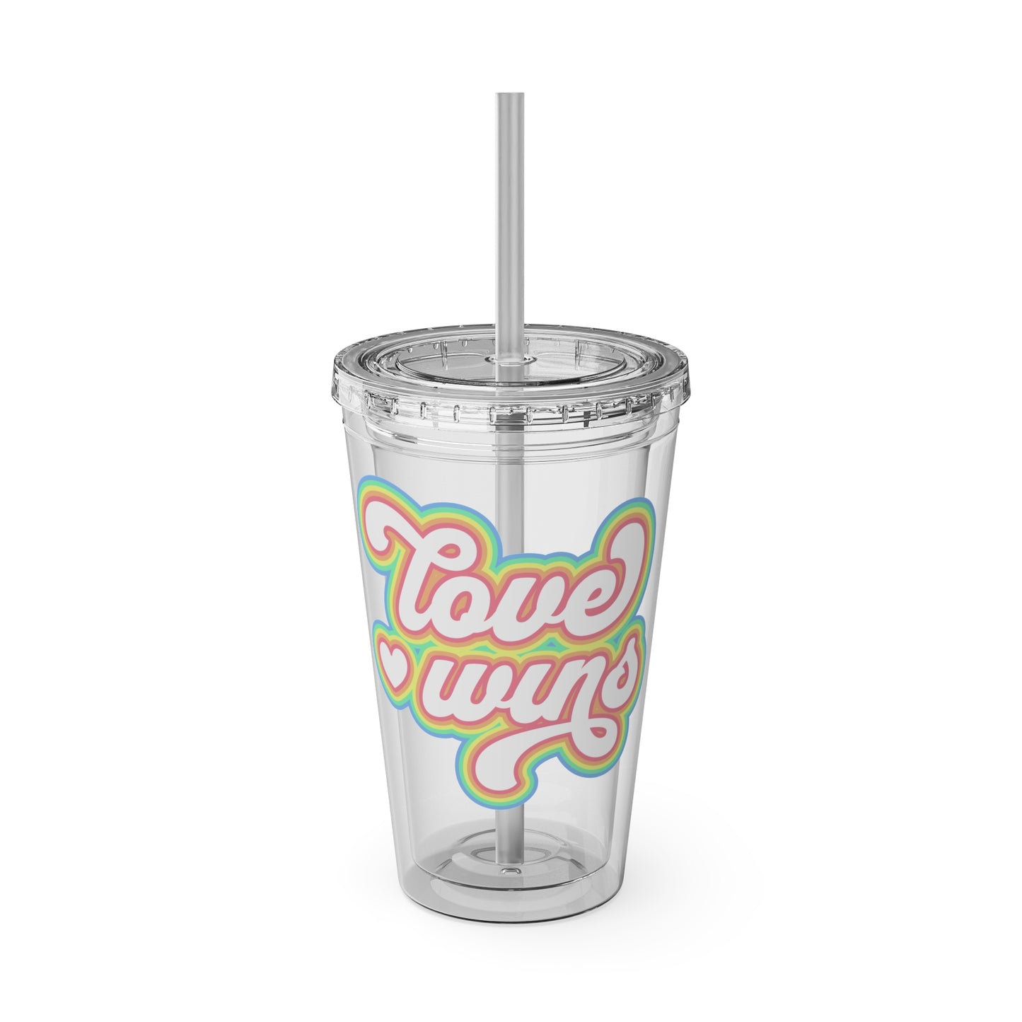 Clear tumbler with colorful 'Love wins' text and a straw on a white background