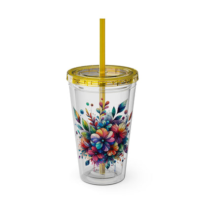 Rainbow Floral Explosion 16oz. Insulated Tumbler with Straw