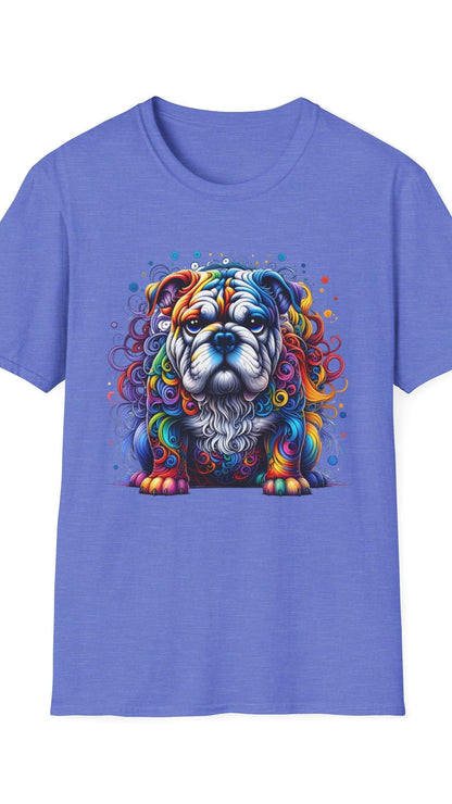 Blue t-shirt with a colorful bulldog graphic on a white background