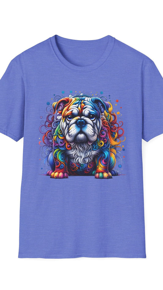 Blue t-shirt with a colorful bulldog graphic on a white background