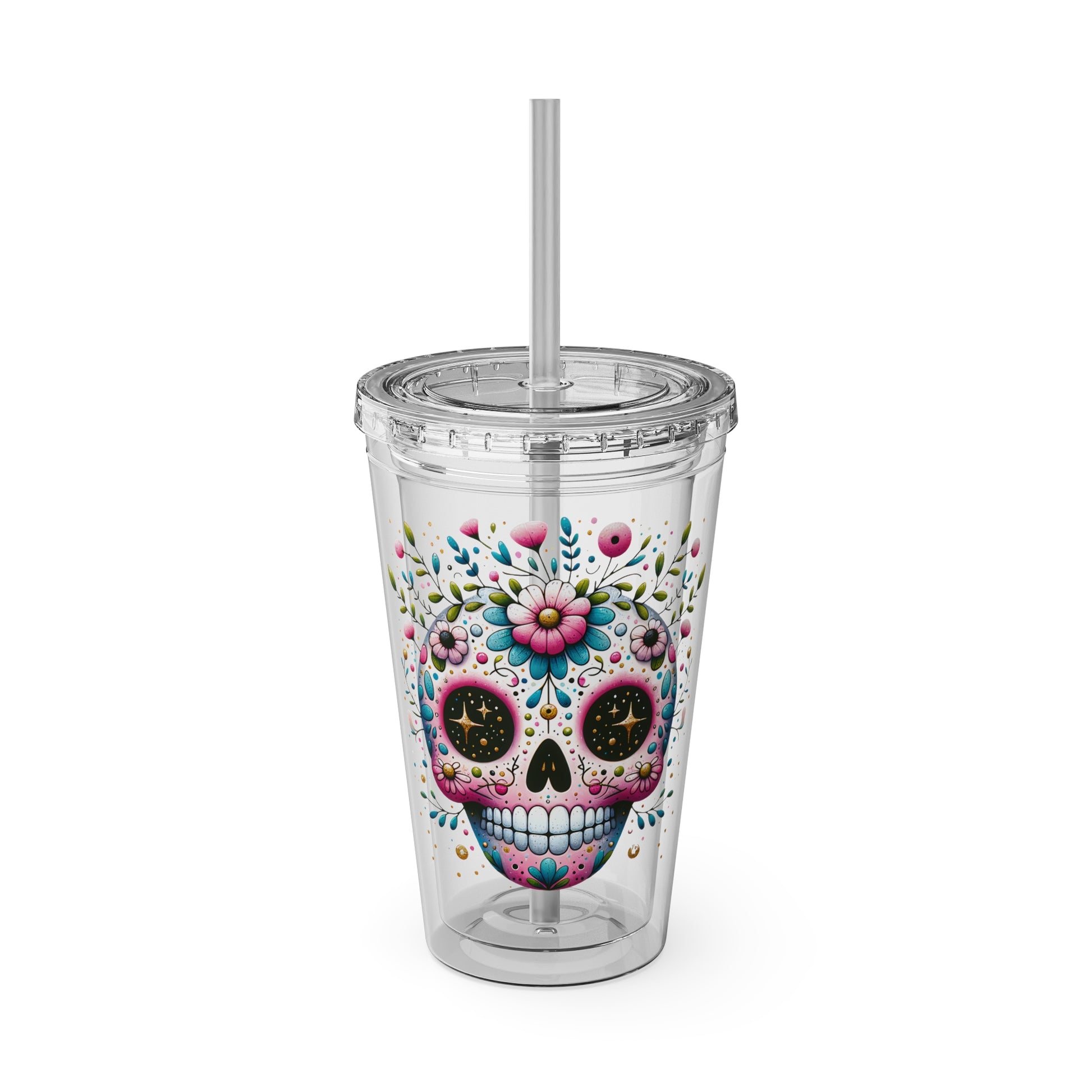 Colorful tumbler featuring a floral sugar skull design with lid and straw, inspired by Día de los Muertos