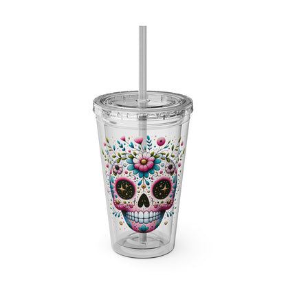 Colorful tumbler featuring a floral sugar skull design with lid and straw, inspired by Día de los Muertos