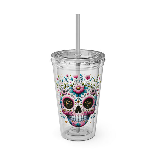 Colorful tumbler featuring a floral sugar skull design with lid and straw, inspired by Día de los Muertos