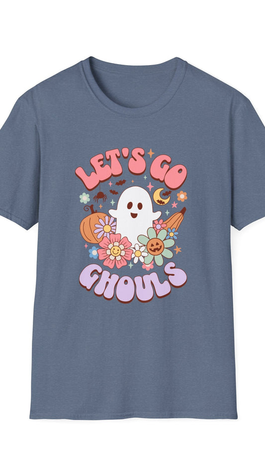 Blue t-shirt with 'Let's Go Ghouls' graphic design on a white background