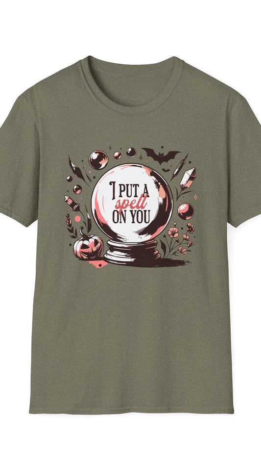 Green t-shirt with a graphic design of a crystal ball and text on a white background
