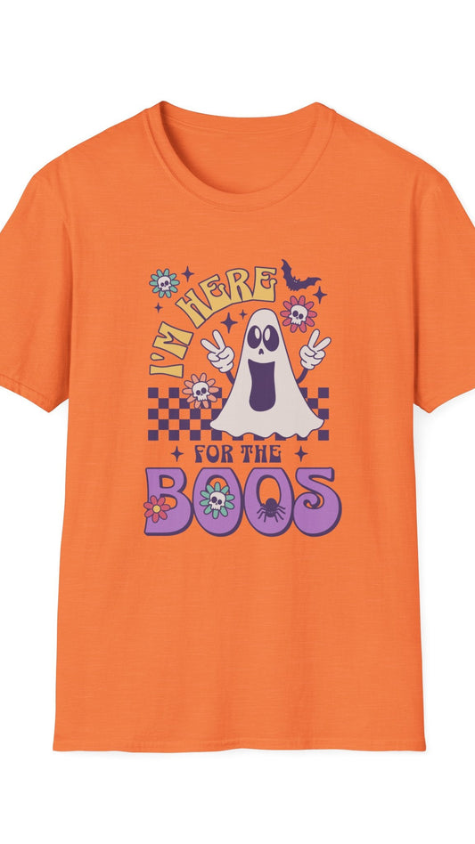 Orange t-shirt with Halloween-themed graphic and text on a white background