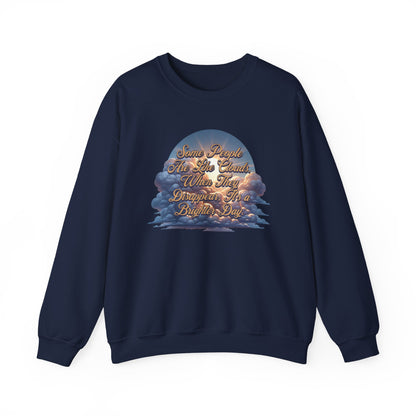 Navy blue sweatshirt with a cloud design and text on a white background