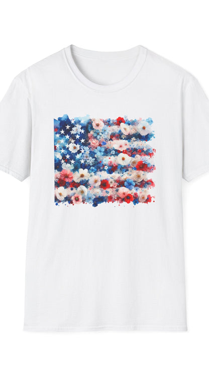 White t-shirt with a colorful floral American flag design on a white background