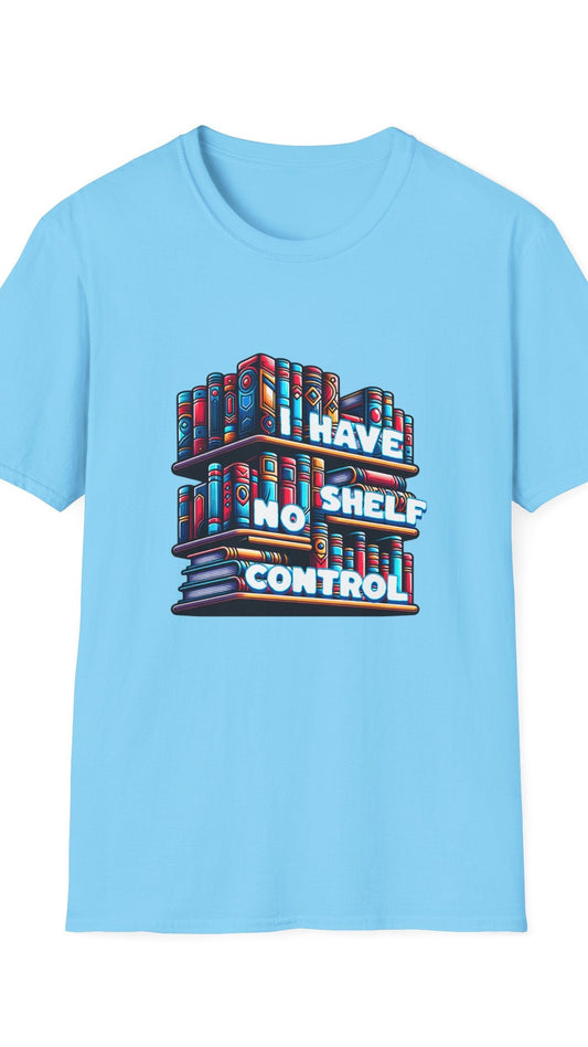 Light blue t-shirt with a colorful bookshelf graphic and text on a white background