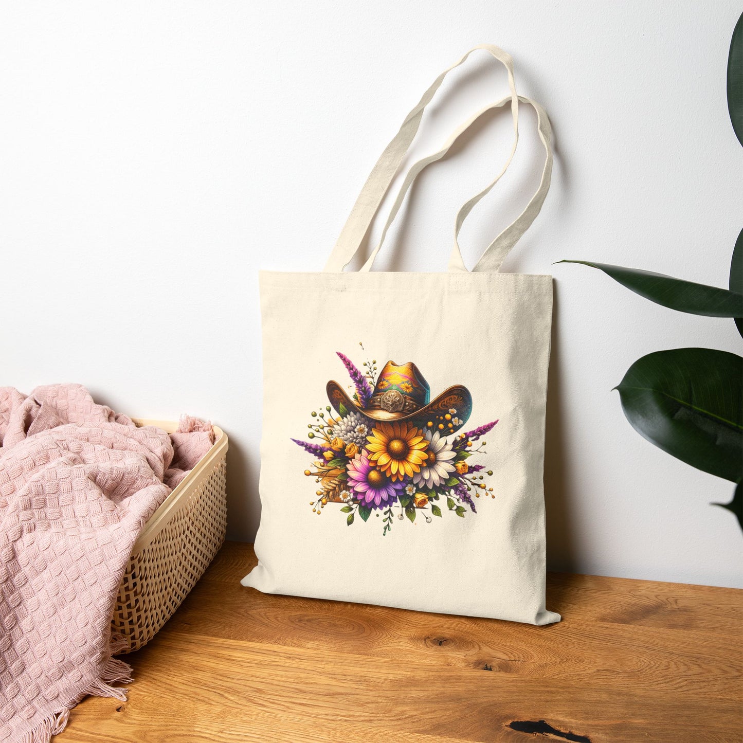 Boho Floral Cowgirl Cotton Canvas Tote Bag
