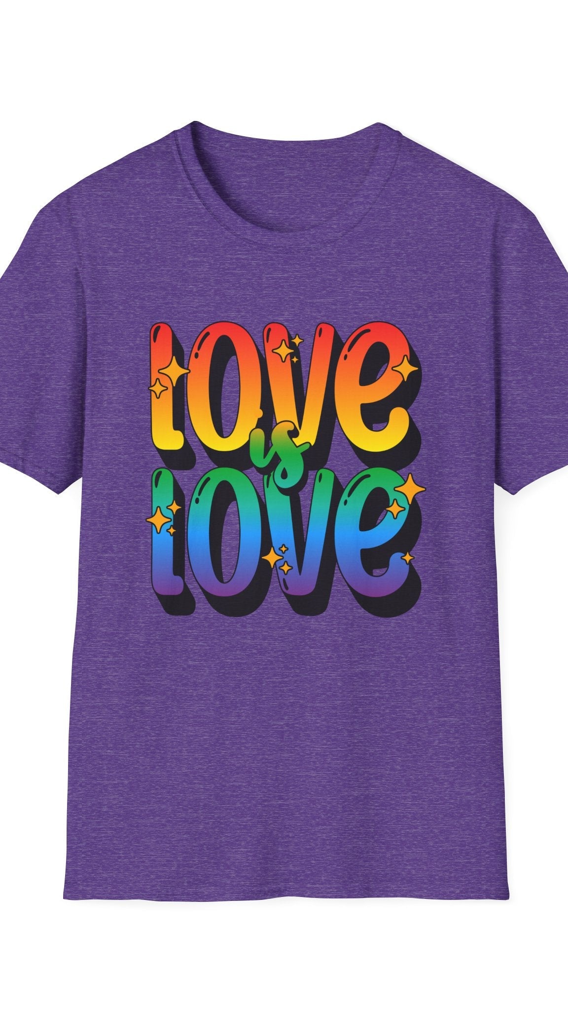 Purple t-shirt with 'Love is Love' in colorful letters on a white background
