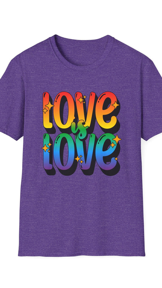 Purple t-shirt with 'Love is Love' in colorful letters on a white background