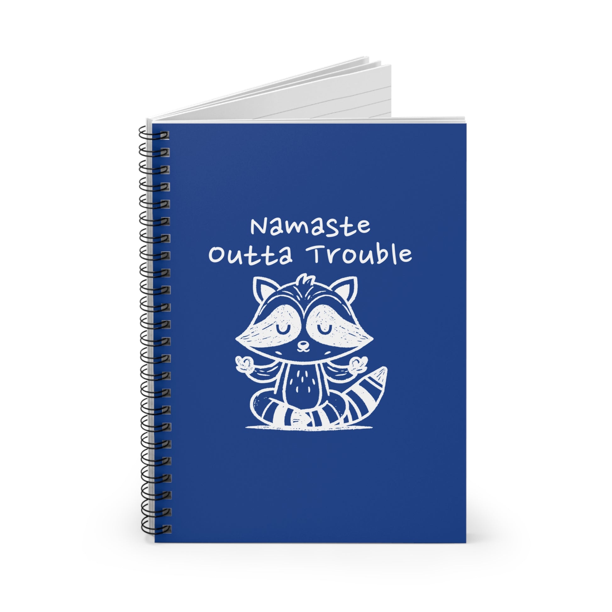 Notebook with a raccoon illustration and text on a white background