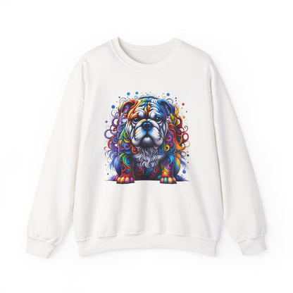 White sweatshirt with a colorful dog graphic on a white background