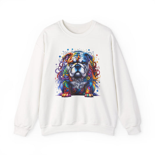 White sweatshirt with a colorful dog graphic on a white background